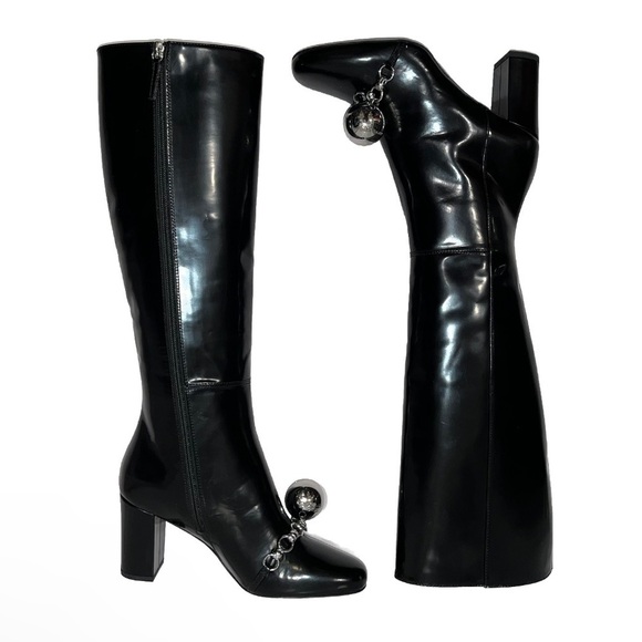 LONGCHAMP boots black leather US 7 FR 38 tall knee high riding chain designer - Picture 1 of 10